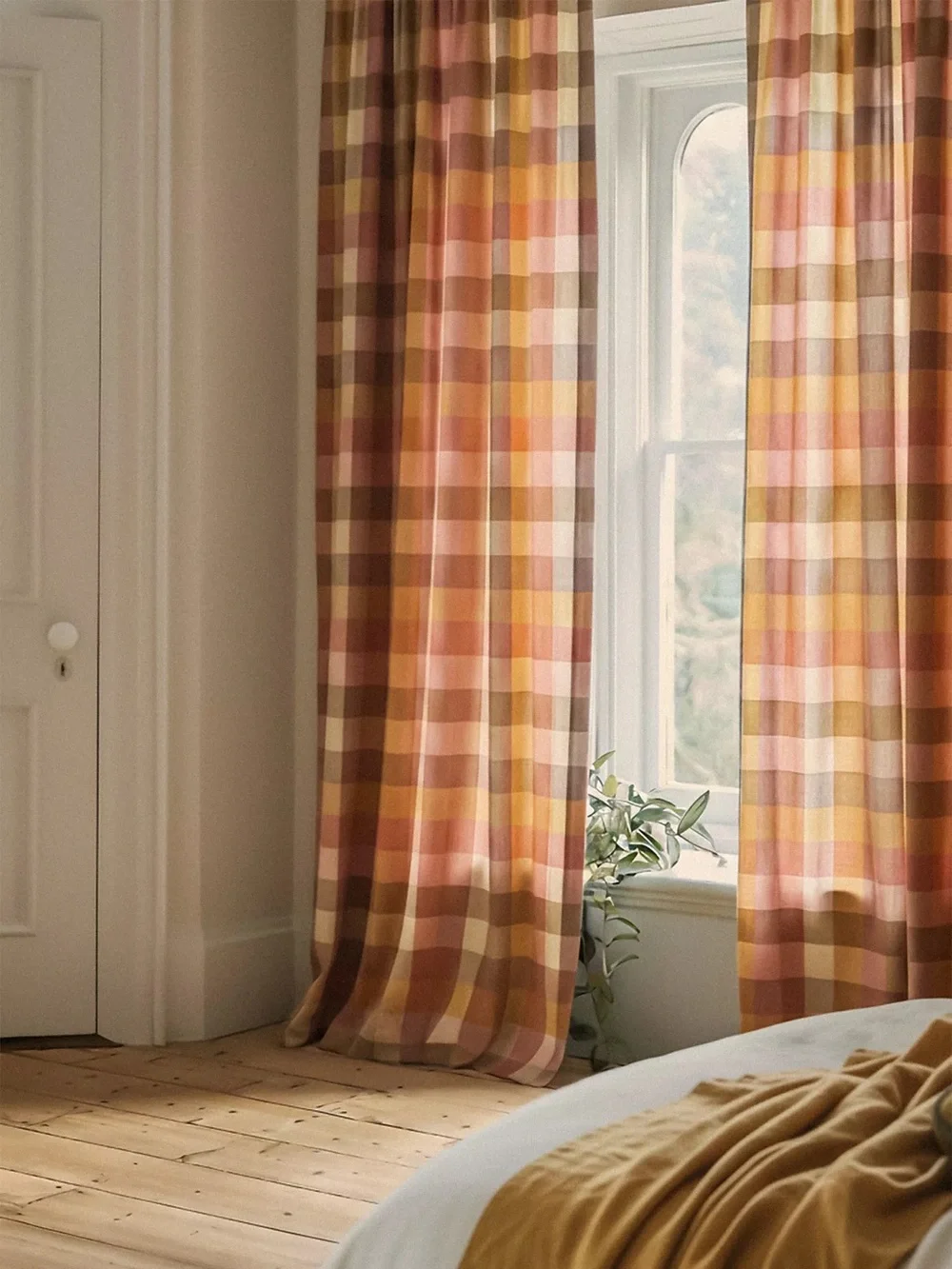 Anthropologie Woven Semi-Sheer Cotton Plaid Curtain warm multi